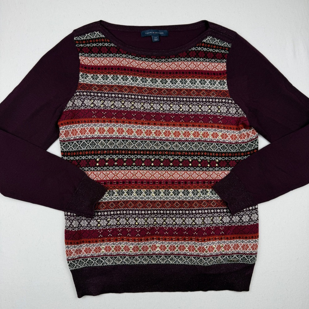 Tommy Hilfiger Womens Fair Isle Metallic Knit Sweater Plum Purple Large